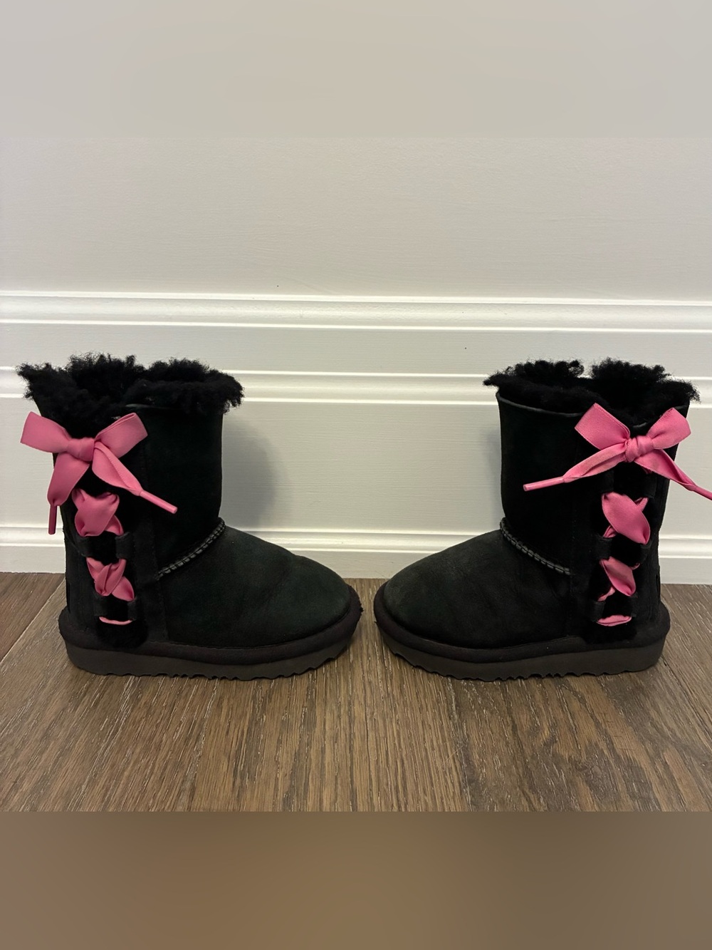 Toddler Ugg Black Suede Winter Boots with Pink Ribbon Detail